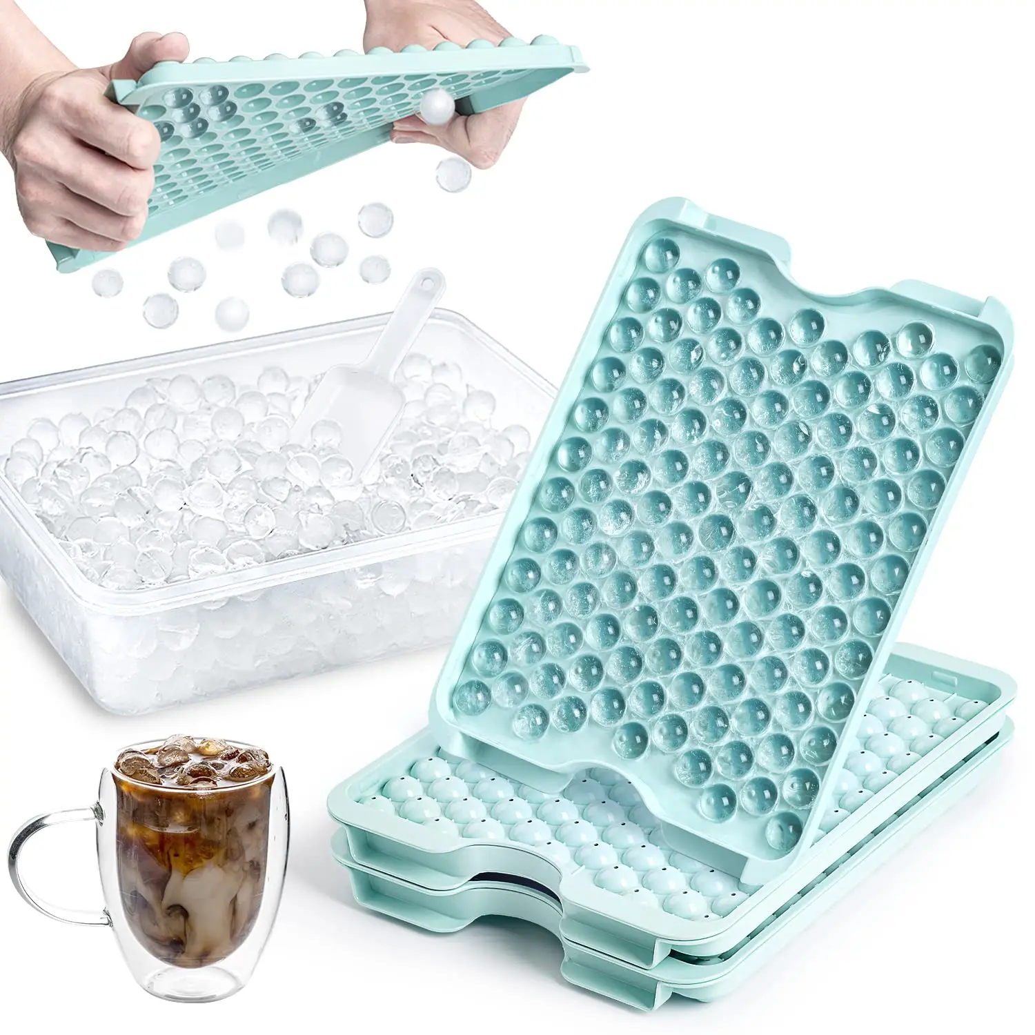Hot Selling Mini Ice Cube Tray with Lid and Bin Portable Ice Ball Maker for Freezer Small Round Ice Cube Trays Easy Release