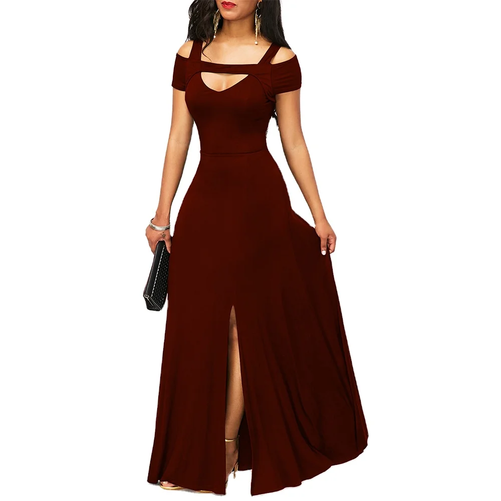 
Short Sleeve Cold Shoulder Side Slit Front Slit Zipper Back Maxi Dress 