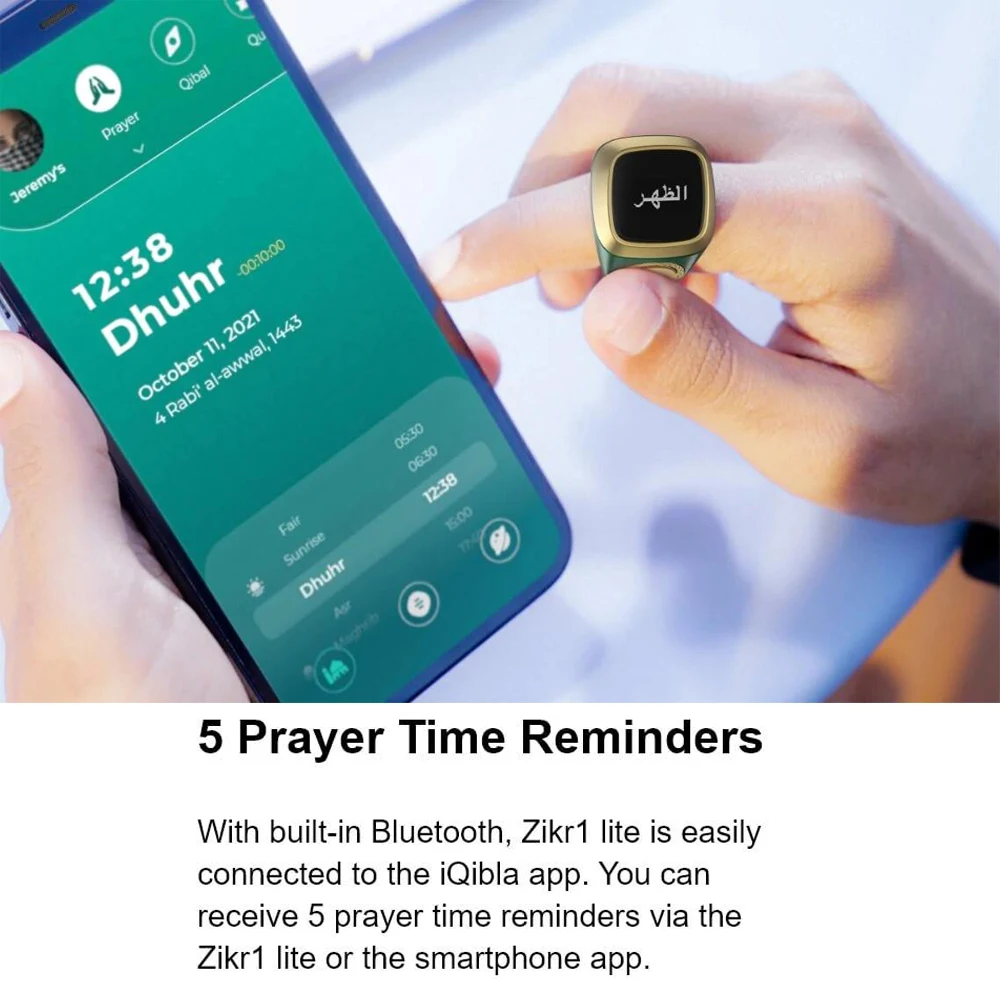 Iqibla Smart Tasbih Tally Counter Ring for Muslims Zikr Ring Digital Tasbeeh 5 Prayer Time Vibration Reminder Waterproof