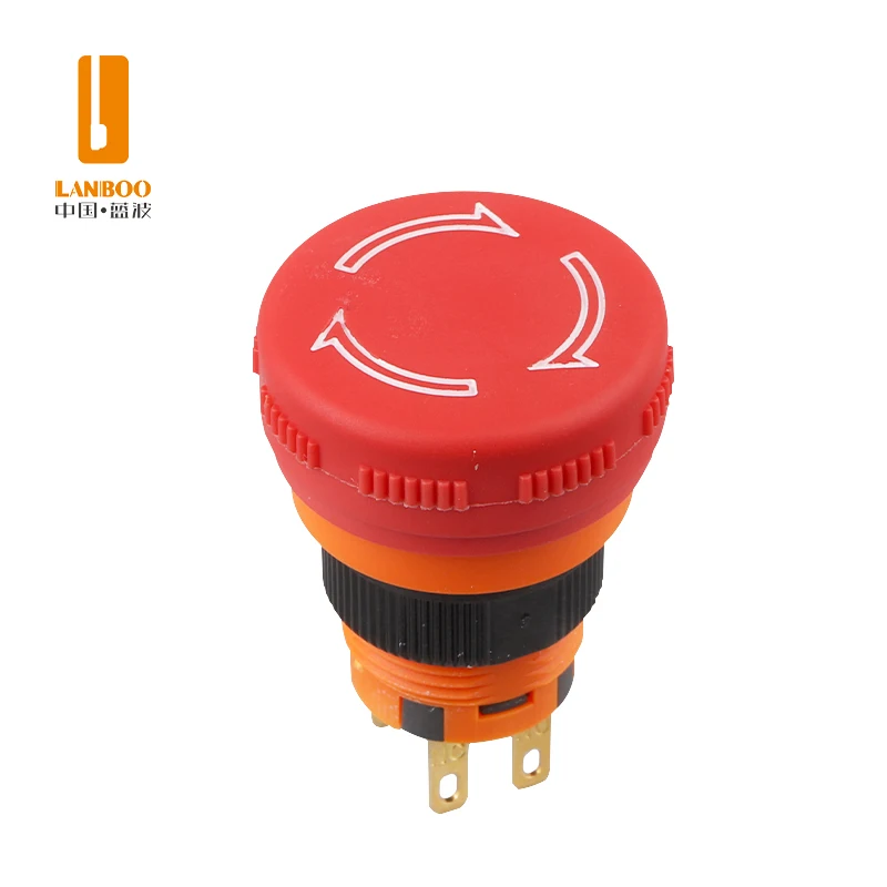 LANBOO 16mm High Current Plastic Mini Stop Emergency Button Switch Mushroom Head With Arrow Latching Flame Retardant PA66
