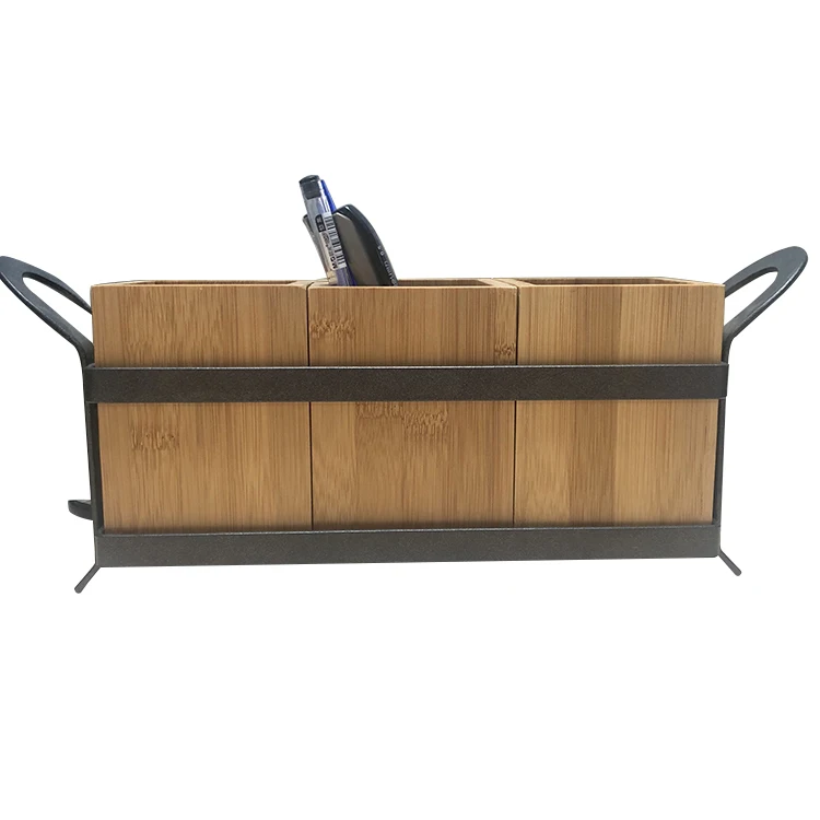 Wholesale Custom Office Desktop Organizer Bamboo Pen Pencil Holder Desktop Organizer
