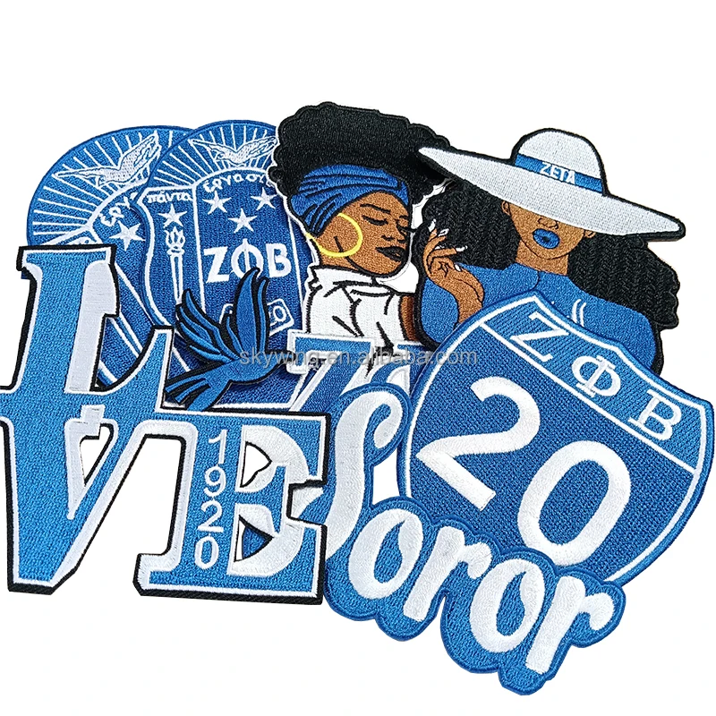 Serises Stock Blue & White Embroidery Sorority Zeta Phi Beta 1920 Soror Zeta Crest Round Zeta Hand Sign Iron Patch for Jackets