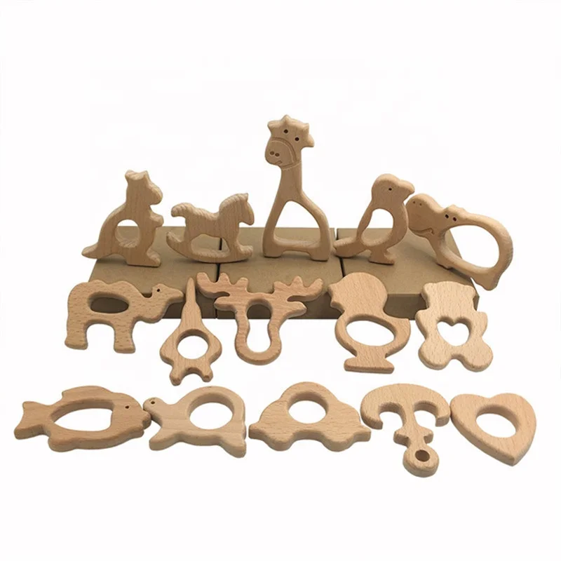 
Wish Amazon Hot Sale Animal Shape Beech Wooden Baby Teether Toy Wood Dog Teething Toys For Baby 