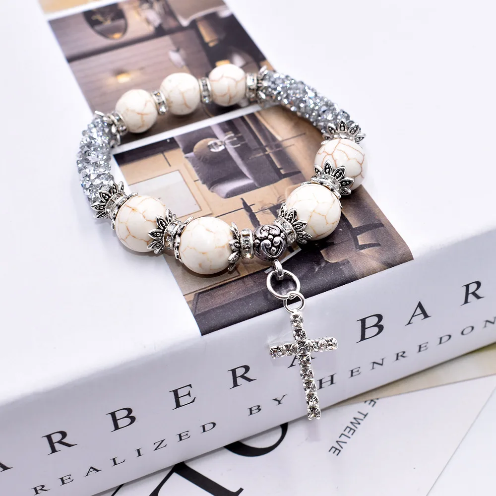 natural stone women bracelet boho style Natural Stone Bracelets Beads Boho Vintage Cross Rhinestones Turquoises Bracelet