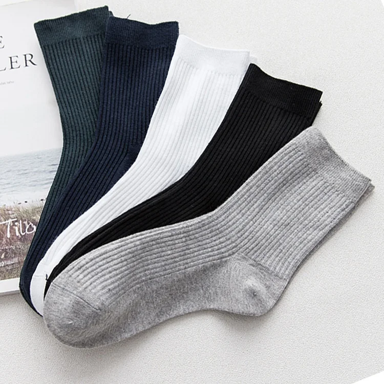 Breathable Solid color white basic ribbed custom knit Mens Cotton business black dress crew Sock