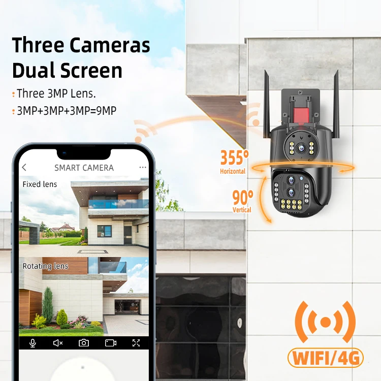 9MP IP Camara PTZ 3 Lens 10X Zoom AI Support Memory Card Motion Tracking V380 Network Wifi CCTV Camera