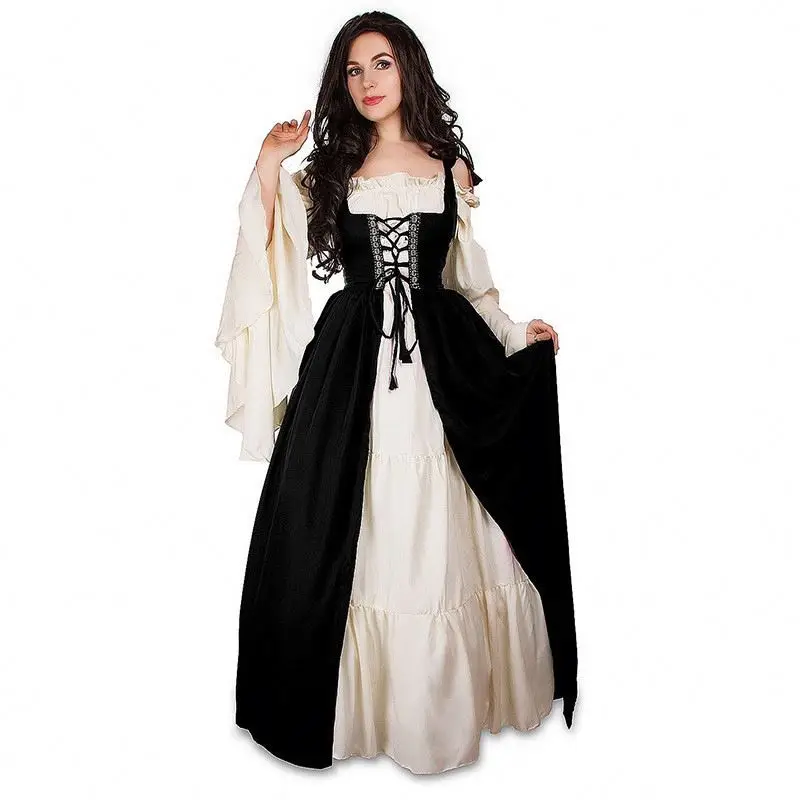 BAIGE Halloween European and American Square Neck Bundle Corset Medieval Renaissance Vintage Dress Performance Dress Women 3 Pcs