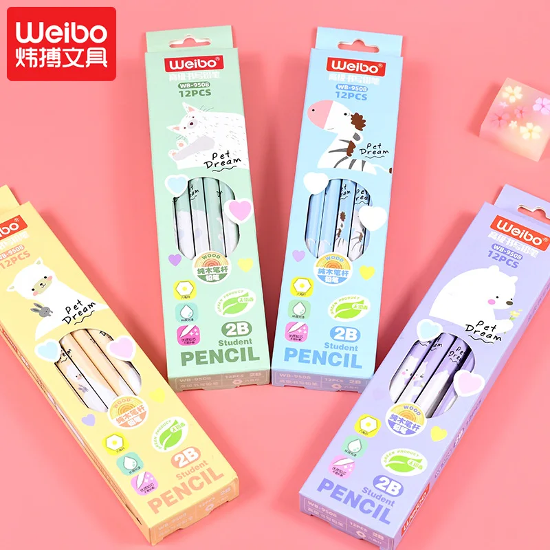 WEIBO Wholesale 2B 12pcs Cute Kawaii Cartoon Animals Wooden School Hb Pencil With Eraser For Children Kid Drawing Reward Gift