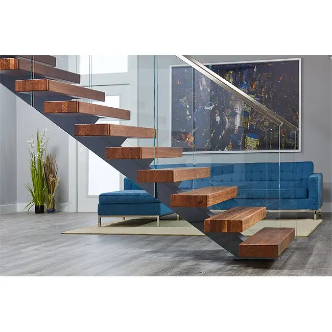 ACE Modern Floating Glass Railing Wooden Treads Staircase For Interior From Foshan Factory