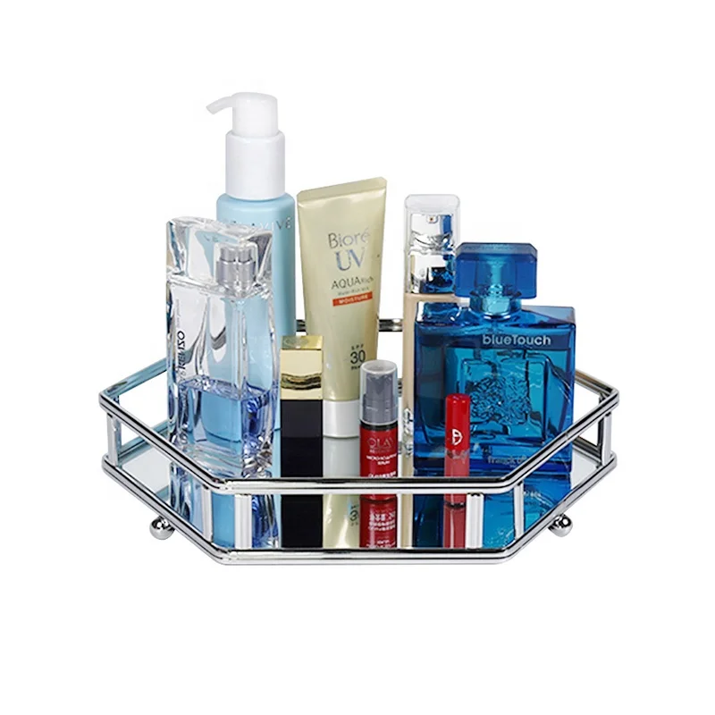 European Metal Glass Jewelry Display Plate Geometric Tray Mirror Silver Rose Gold Jewelry Storage Ring Dish Decoration Shelf