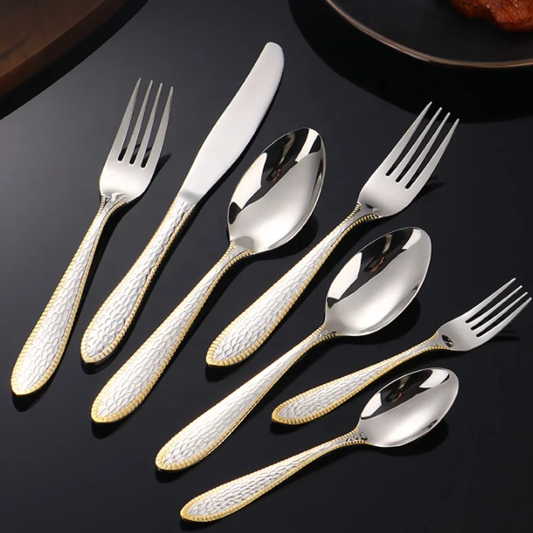 Dishwasher Safe Stainless Steel Flatware Silverware Knife Fork Spoon Handle With Gold Edge Cutlery With Individual Packing
