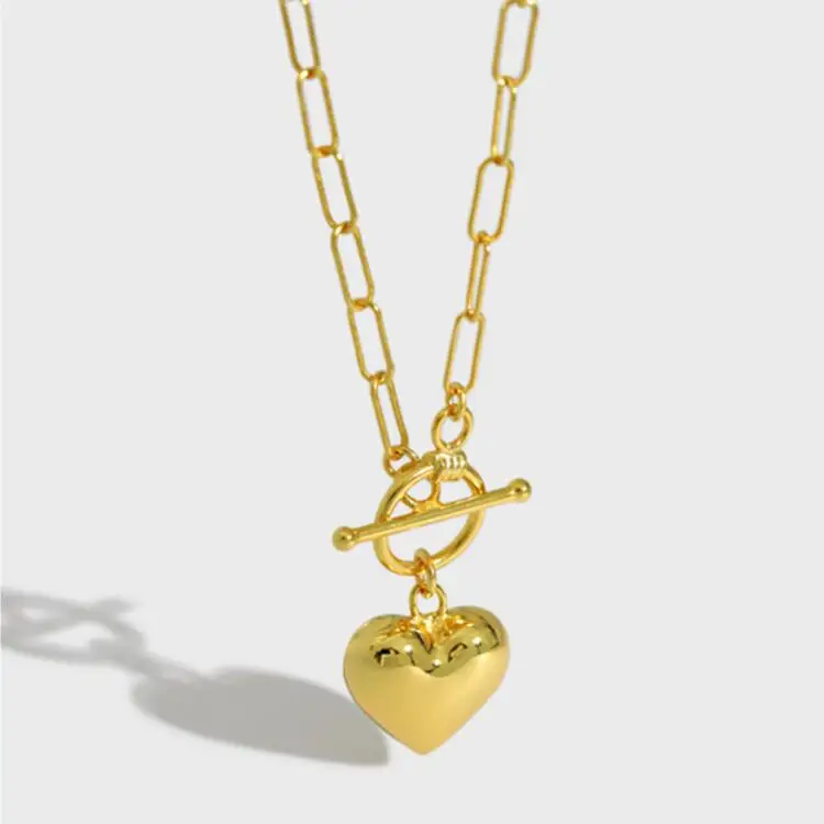 Fine Jewelry 925 Sterling Silver 18k Gold Plated Love Heart Pendant Toggle Clasp Paper Clip link Chain Necklace For Women