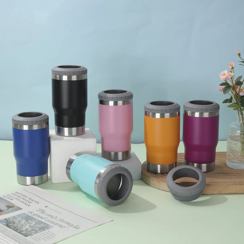 Wholesale Double Wall  4 in 1 Steel Can Cooler Vacuum Insulated Can Cooler With Opener 14oz Water Beer Can Cooler