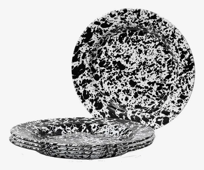 Hot sale food safe Custom Logo White Colored Splash Design splatter pattern Cast Iron Steel Enamel Dinnerware