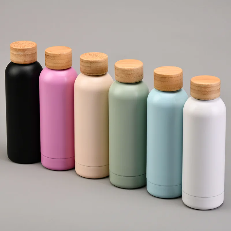 Wholesale custom logo multi color portable popular 500ml insulated stainless steel water bottle with wood lid