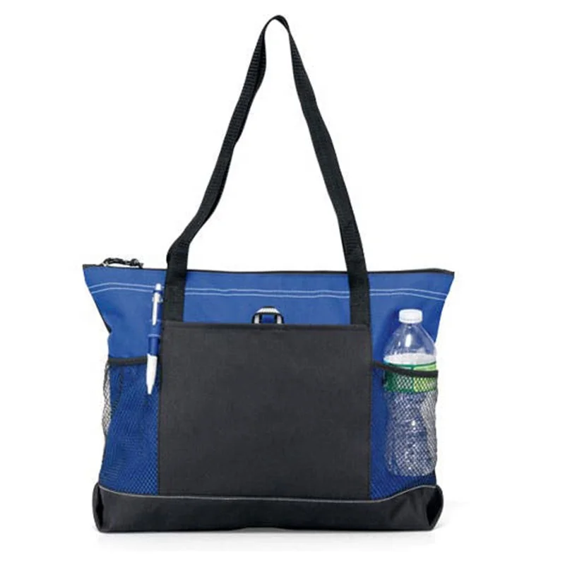 HOT Large Cheap Travel Exhibition Business Handle Carrier 600d Polyester Canvas Zippered Shopping Tote Bag With Mesh Pockets