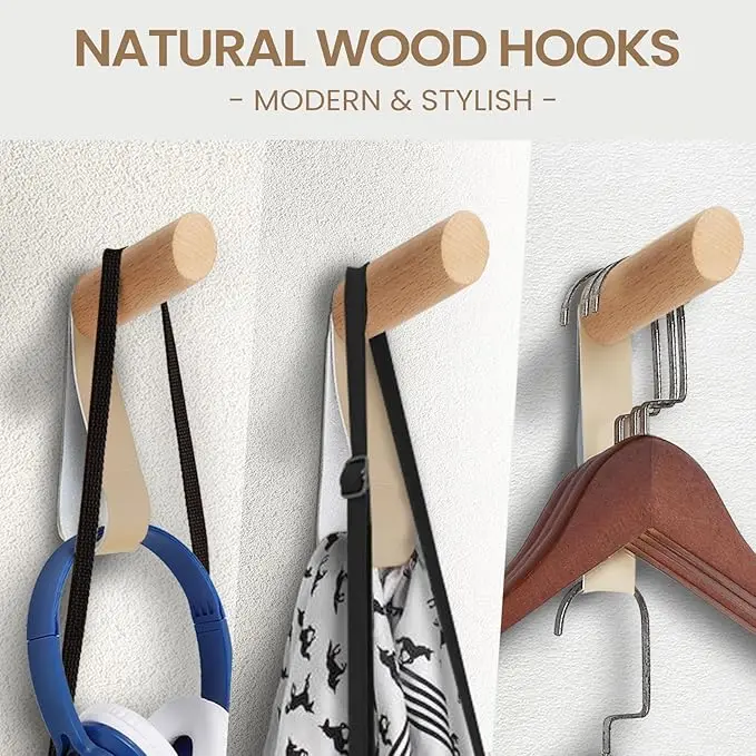 Wooden Hooks Wall Mount, No Damage Adhesive Hat Hooks, Decorative Coat Hangers for Hanging Clothes Towels Guitar Backpack Purse