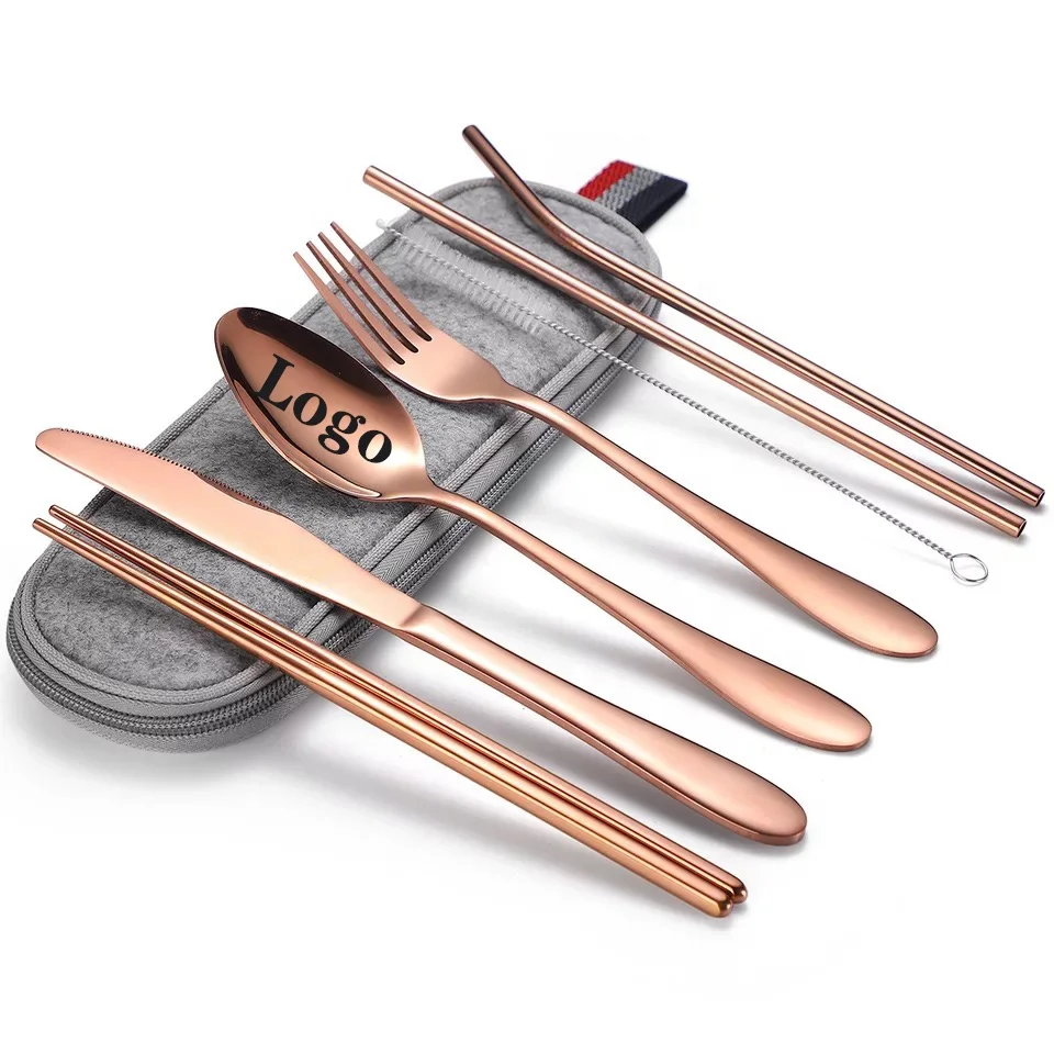 reusable eco silver portugal camping travel logo black matt rose gold restaurant stainless steel gold cutlery set with straw