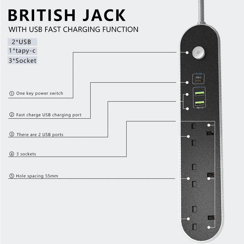 British Multifunctional USB Power Strip Type C PD Quick Charger Surge Protector Extension cord 3outlets Socket 2M Copper UK Plag