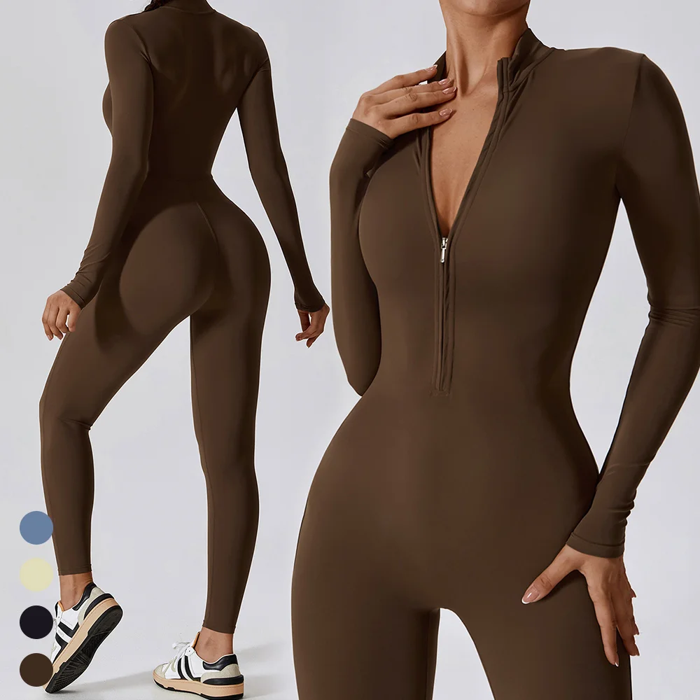 Wholesale Custom Logo Quick Dry Breathable Half Zip long Sleeve one piece Jumpsuit Workout Rompers Jumpsuits Playsuits Bodysuits