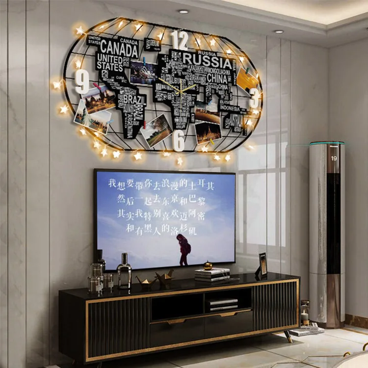 
Home Decorative Wooden LED Lighting Strings Living Room Large World Map Wall Clock 