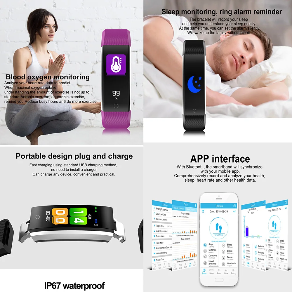 115 plus Fitness Tracker HR Activity Tracker Watch Heart Rate Monitor Waterproof Fitness Band Step Calorie Counter Smart Watch