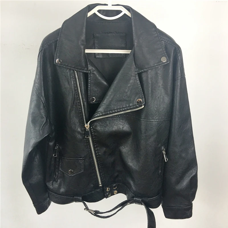 Wholesale Lapel Zipper Full Sleeve Casual Oversized Moto Softshell Leather Jacket For Woman Lady