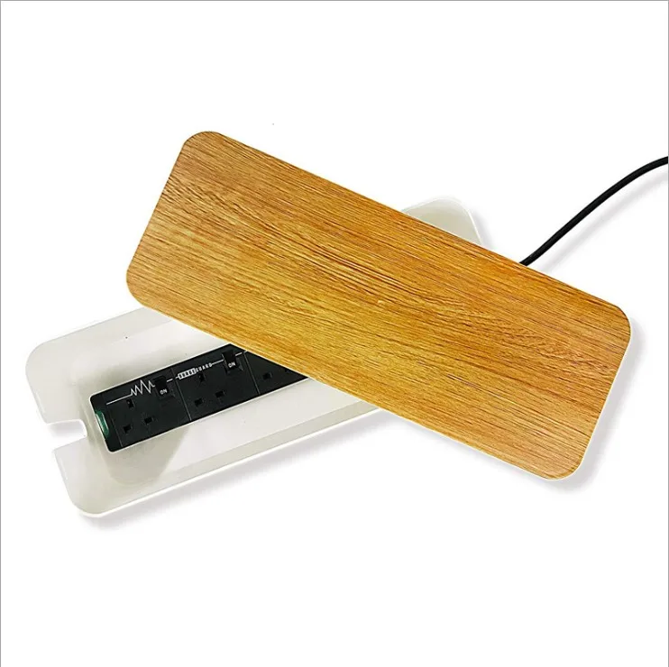 Plastic Cable Management Box with Solid Wood Lid White Black Cord Storage Organizer Desktop Cord Power Plate Hider