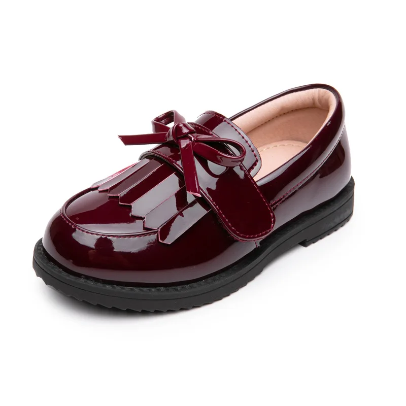 2024 New tassel children girls trendy flat casual leather shoes black bowknot princess students shoes