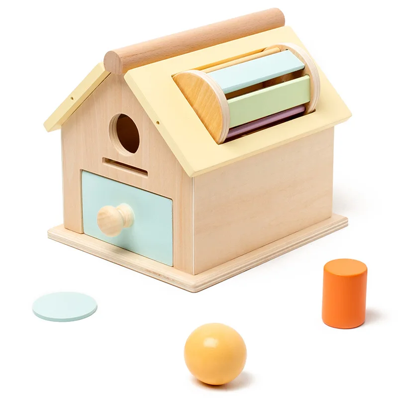 Wooden Montessori Toys Rainbow Spinning Drum Ball Coin Drop Toy House Shape Sorter for 1 Year Toddlers