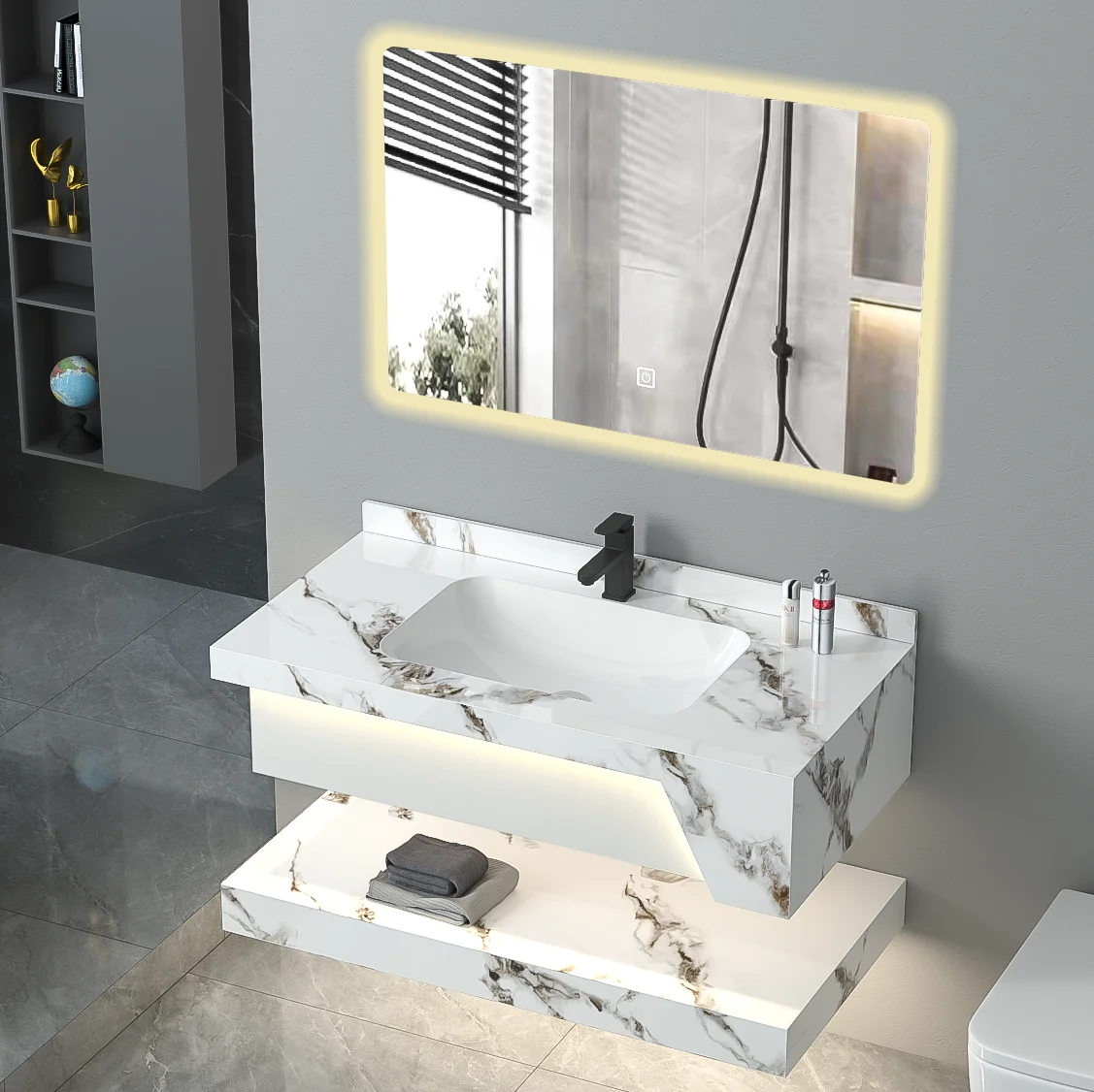 Low price factory double layers slate rock wash basin wall mounted bathroom vanity sink hotel bathroom cabinet with LED lighting