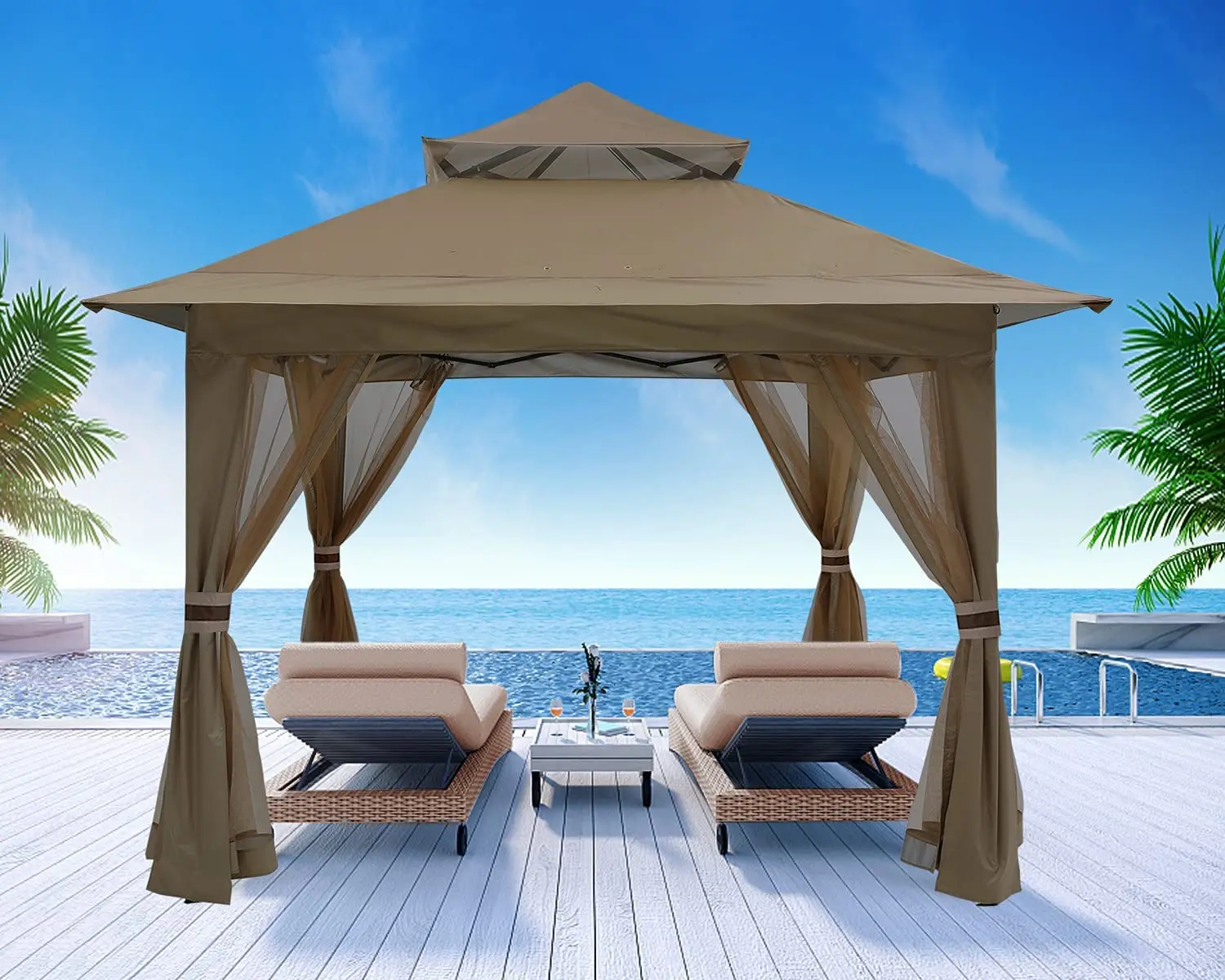 Patio Gazebo Outdoor Pop Up Gazebo with Mesh Walls (13x13 Brown)