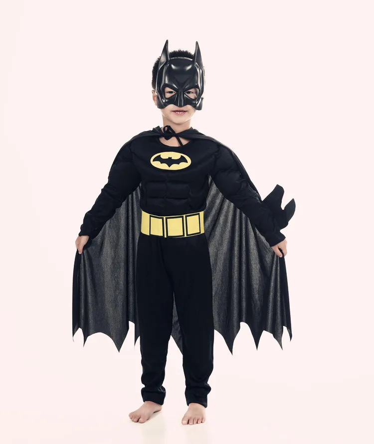 Unisex Halloween Black Bat Muscle Costume Kids Boys Girls Masquerade Party Cosplay Suit Jumpsuit Cloak Character Hat Accessories