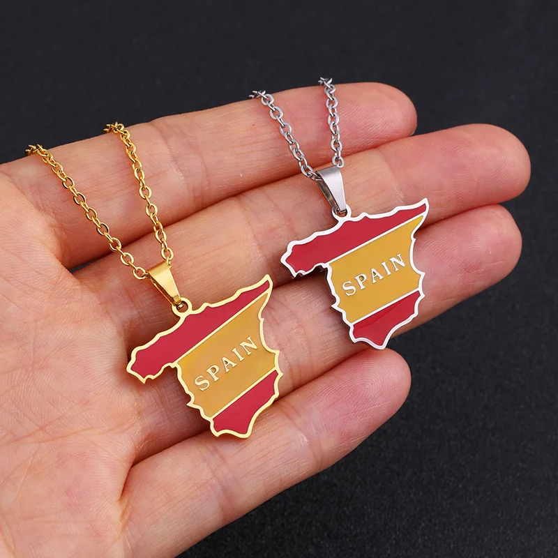Wholesale Fashion Spanish Stainless Steel Map Necklace Creative Spain National Flag Necklace