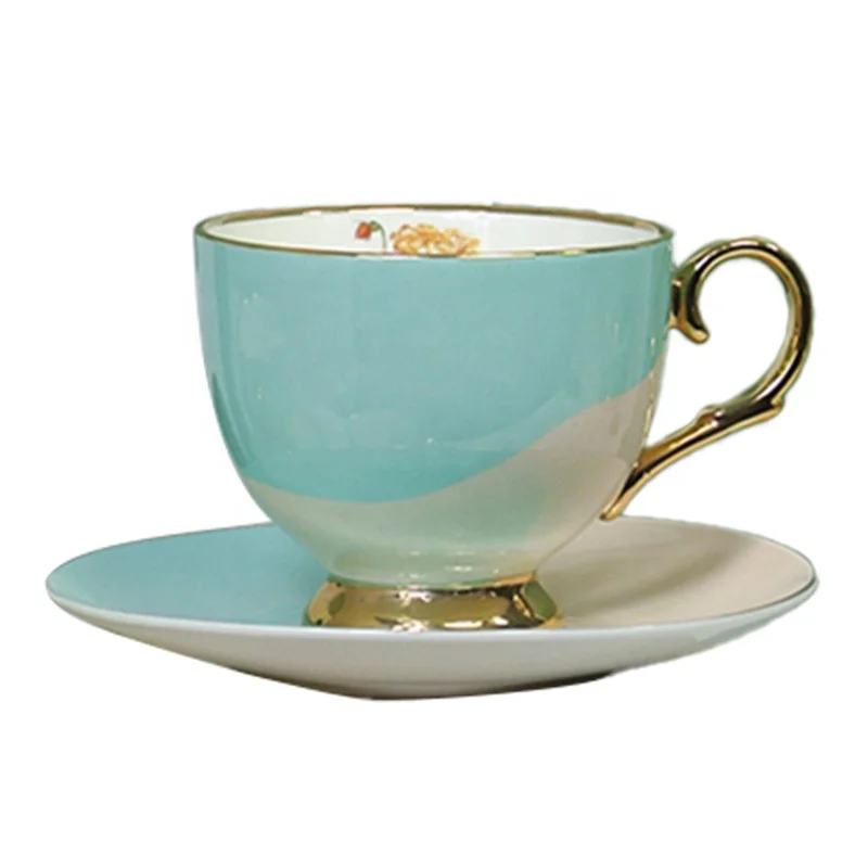 Porcelain Contrast Color Gradient Tea Cups and Saucers Set Pink Blue Green Luxury Ceramic Coffee Cup set