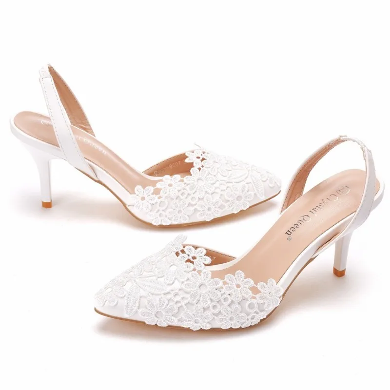 Dropshipping Custom Logo 7 cm High Heel white lace sandals wedding shoes bride dress Designer Ladies Heels