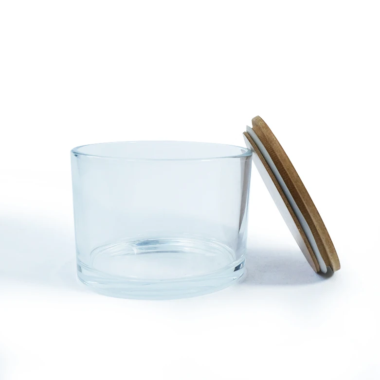 Transparent wholesale glass candle jar candle holder candle cup container with wooded lid for home decor