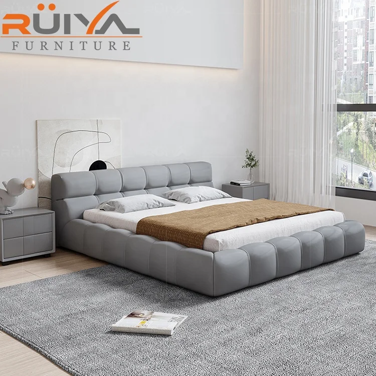 Modern Luxury Upholstered puff design white leather bed set low white leather bed headboard
