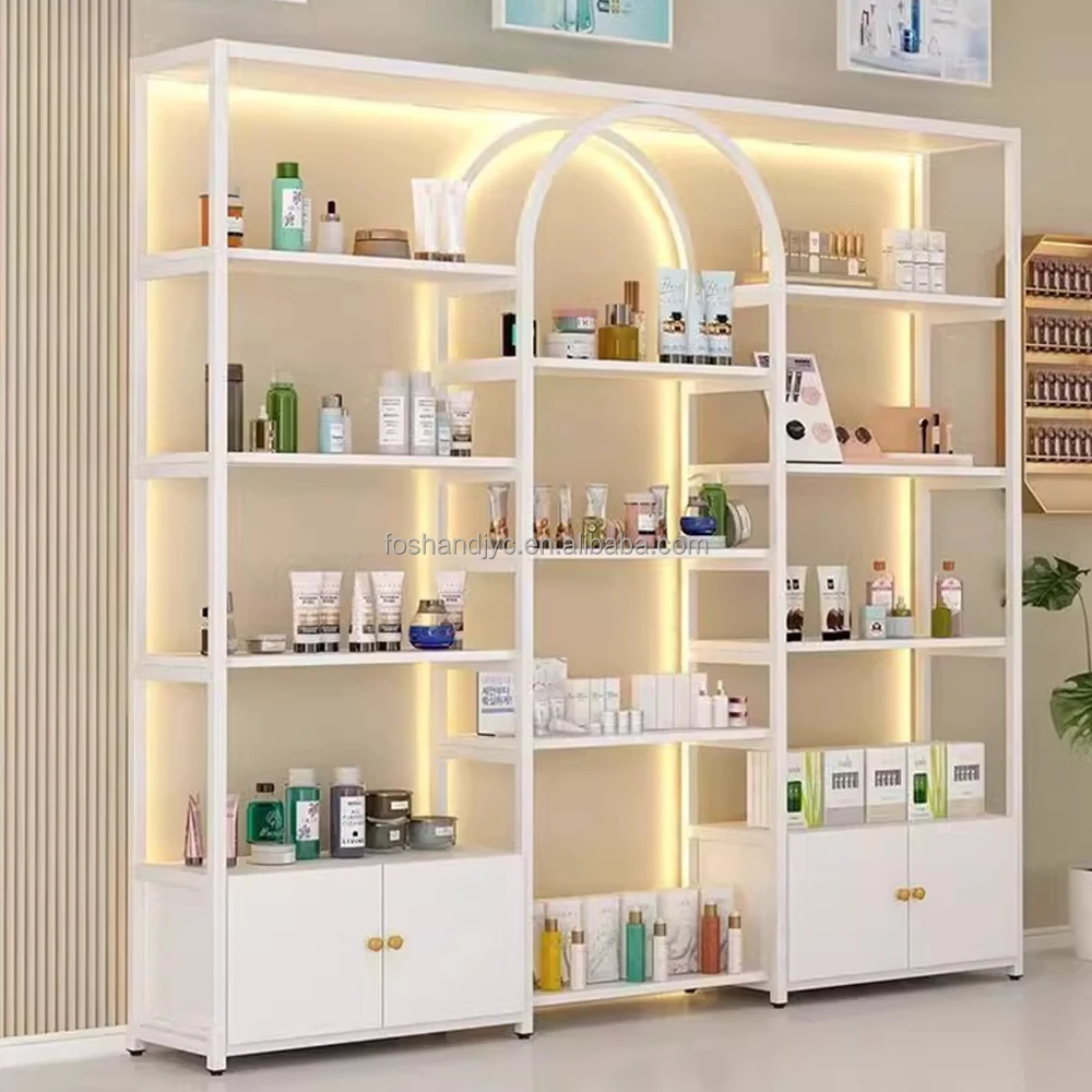 Custom Wooden Wall Cosmetic Shelves Display Cabinet And Makeup Display Wall Showcase For Retail Store