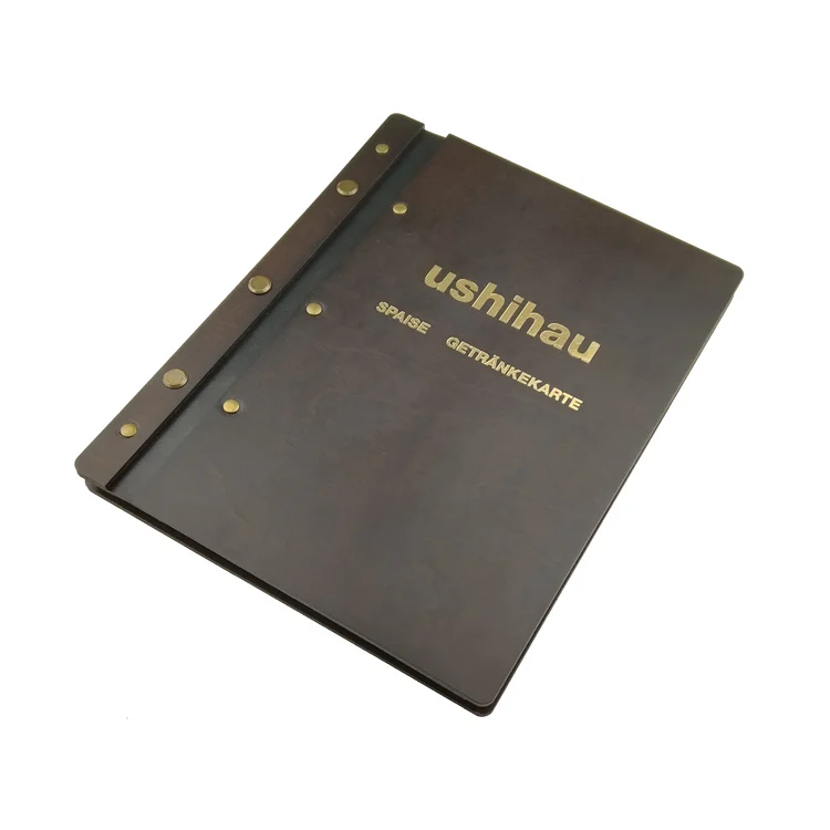 Customized Luxury Leather Strap Bamboo Wooden Cover Notebook Menu File Folder for Restaurant Hotel Wine Bar