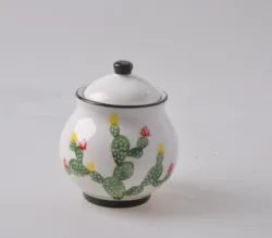Wholesale cheap cactus pattern glazed ceramic candy sugar pot creamer pots with spoon
