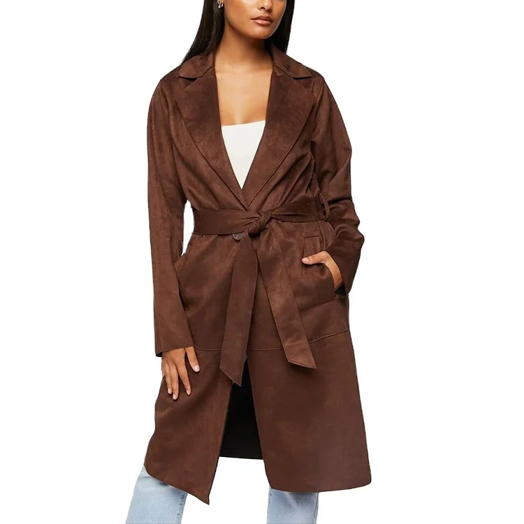 Winter Walnut Belted Faux Suede belt Trench Coat Long Sleeves Long Lady Jacket Luxury Quality Women Coat