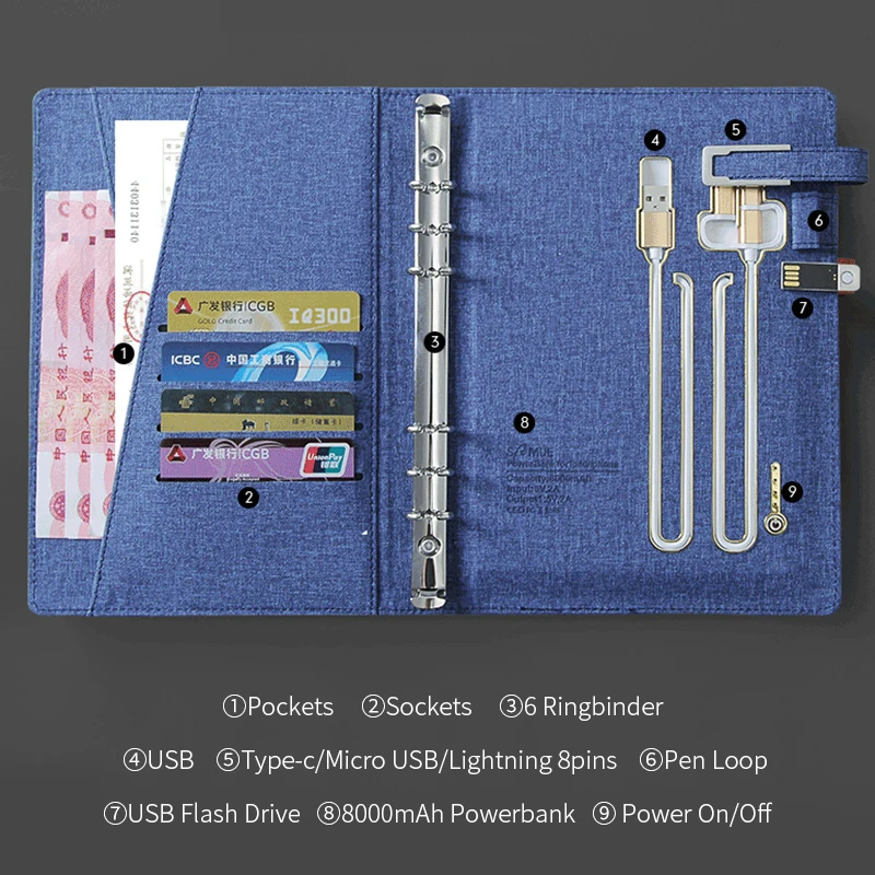 Fashion A5 royal blue leather charging notebook with 8000 mah powerbank and 16G USB disk flash drive