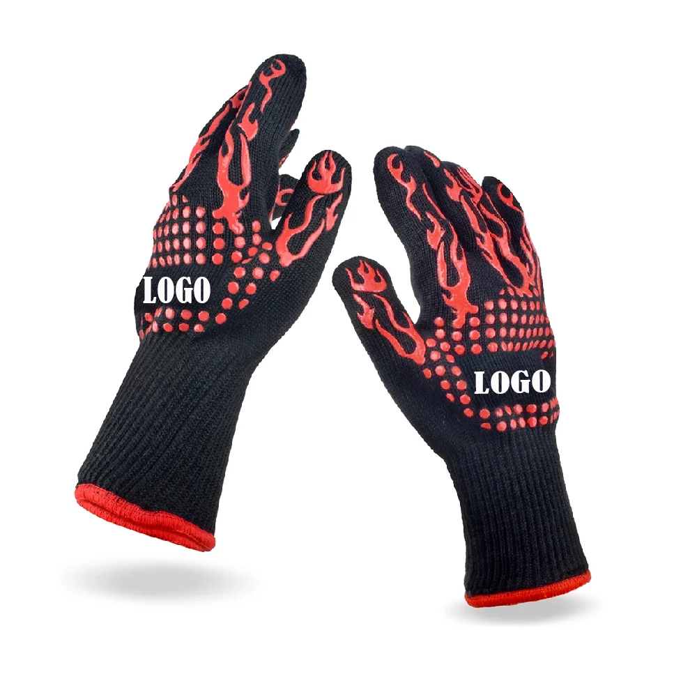 Extreme Heat Resistant Kitchen Cooking Gloves Non-slip Silicone Printed Black BBQ Grill Gloves For Household Kitchen Usage