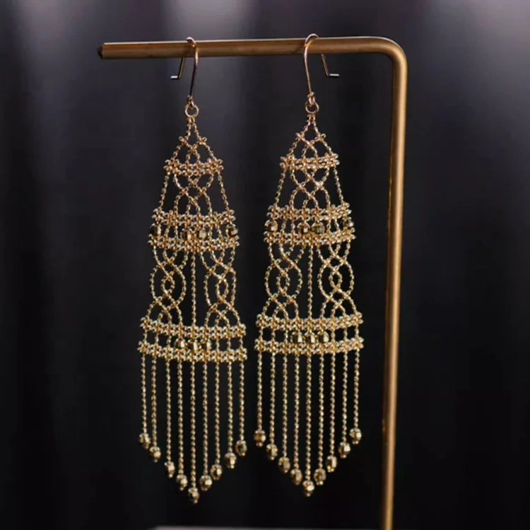 Indian jewelry 18K Gold  Personality Lace Gold Drop Earrings Heavyweight exotic long tassel Chandelier Earrings earrings