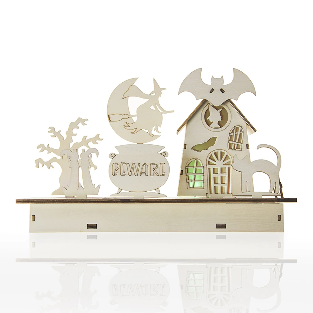 Wholesale customized wooden led cat bat witch halloween decoration