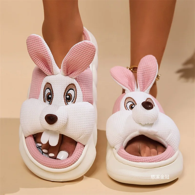 Comfortable Rabbit Decoration Slip Resistant Women Home Shoes Closed Toe Slippers Indoor