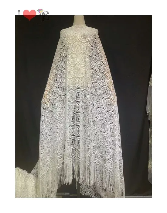 pure white fringe tassel border embroidery guipure lace fabric for dresses, fringe cord lace