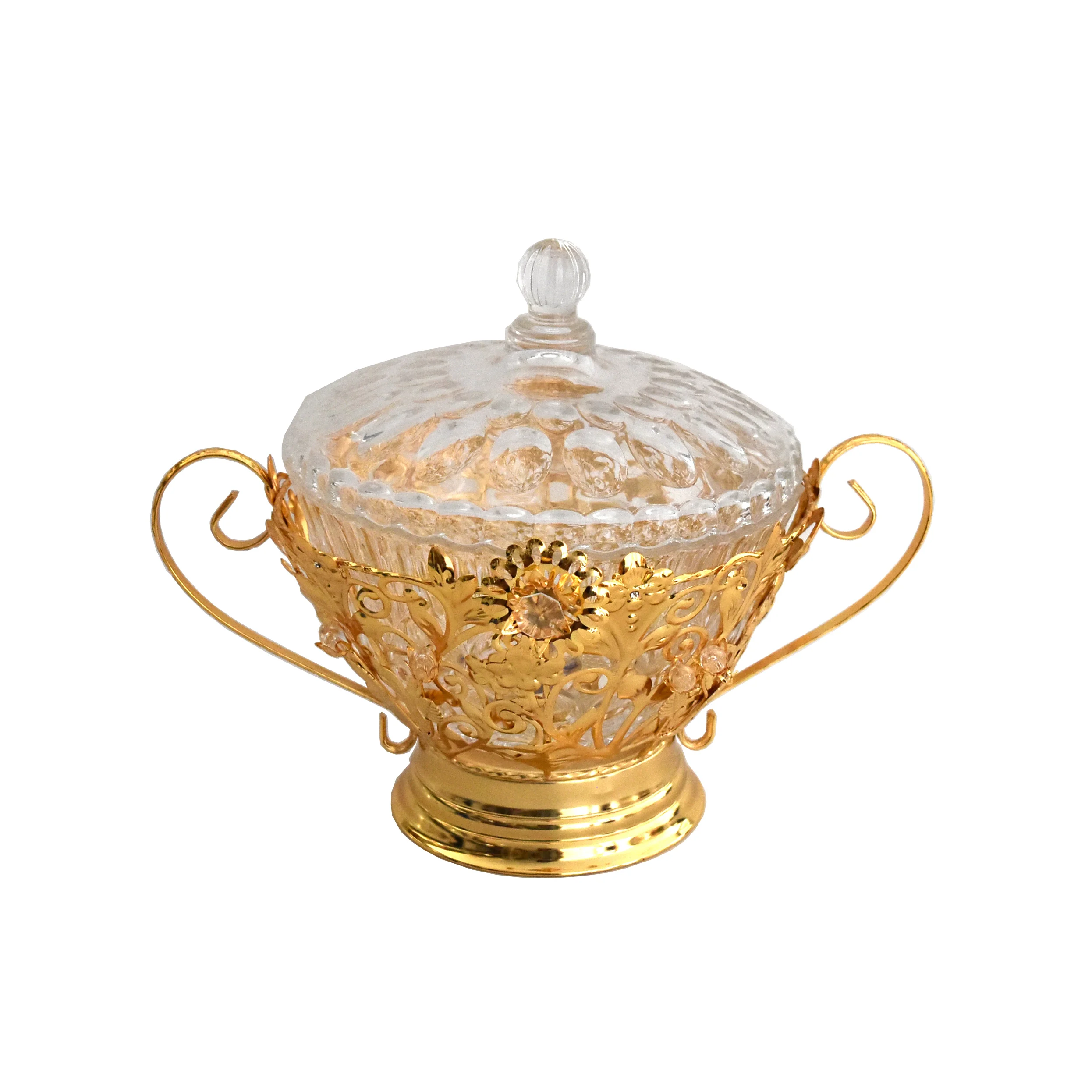 Gold metal wedding decoration fruit bowl dinnerware glass sugar pot with handle