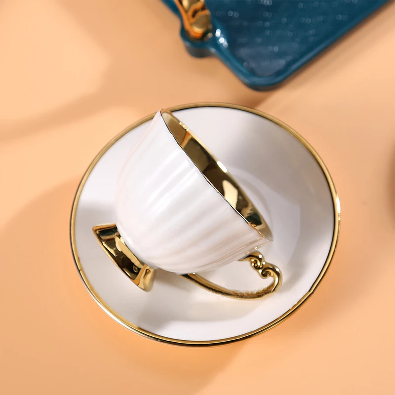 New Gold Rim Ceramic Cups Set of 6 Luxury Special Saucer Reusable Wholesale Supplier Marble Glazed Porcelain Turkish Coffee Cups